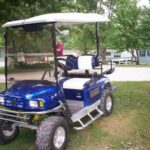 A blue golf cart parked in the grass.