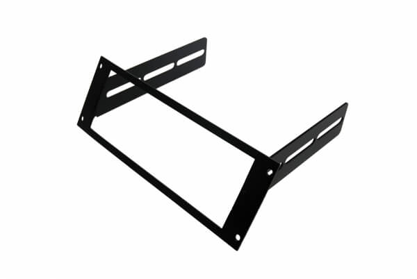A black metal bracket for a Motorola Self Contained, Havis PT-VIDEO flat screen television.
