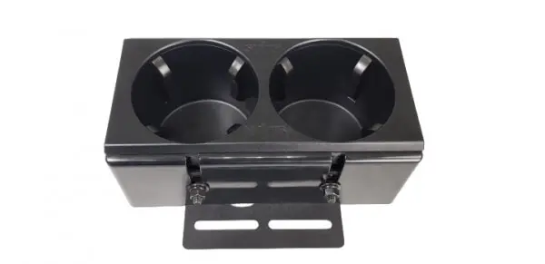 A black metal Cupholder 2-I External Mount with two holes.