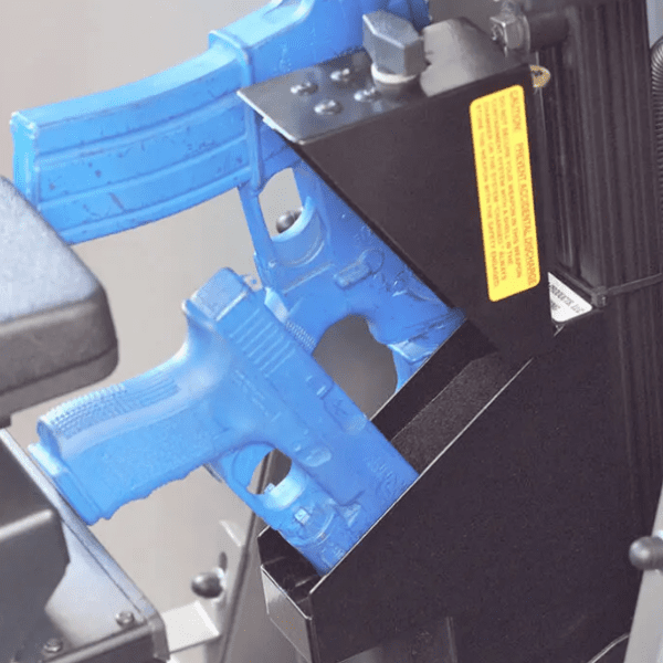 A TRI-LOCK VERTICAL PARTITION MOUNT with two blue guns in it.