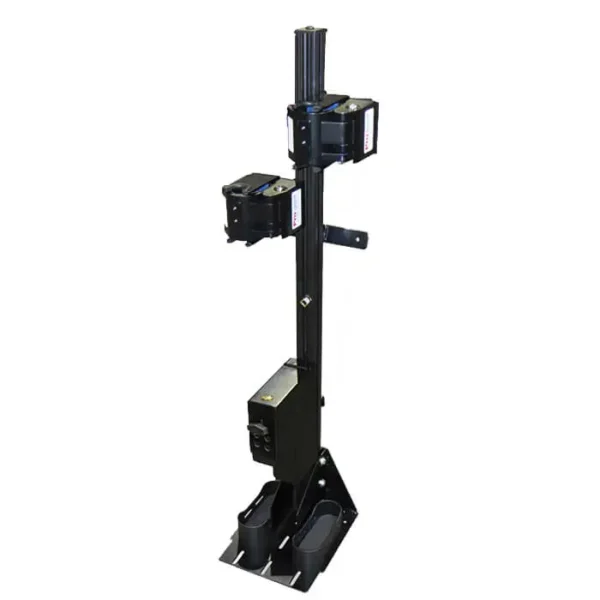 A black TRI-LOCK VERTICAL PARTITION MOUNT with two devices on it.