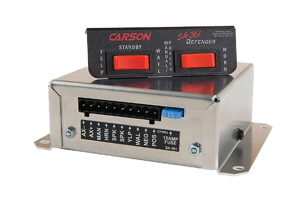A device with a Carson SA-361-30 14 Siren (Defender Siren) and a red button.