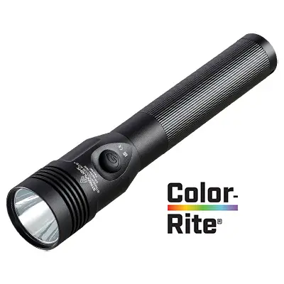 A Stinger COLOR-RITE flashlight with the color rite logo on it.