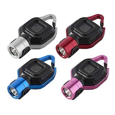 Four different colored Pocket Mate headlamps on a white background.
