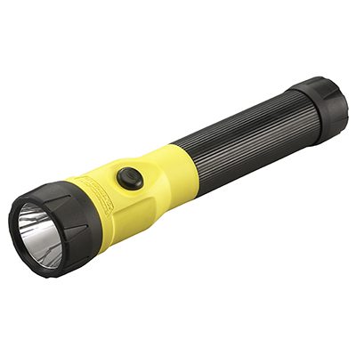 A yellow and black STINGER POLYSTINGER LED flashlight.
