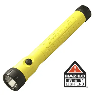 A yellow POLYSTINGER LED HAZ-LO flashlight with the halo logo on it.