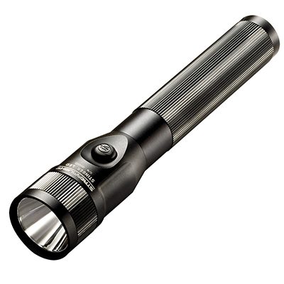 A black Stinger LED flashlight with a light.