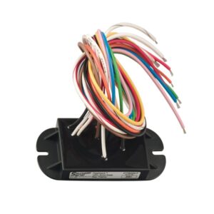 Multicolored wires connected to black box.